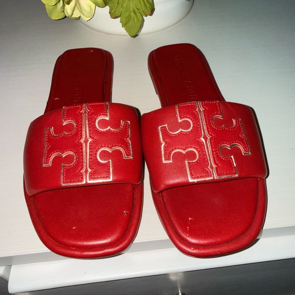 Tory Burch Red Gold Double T Logo Slide Sandals Size 6.5 - Picture 4 of 16